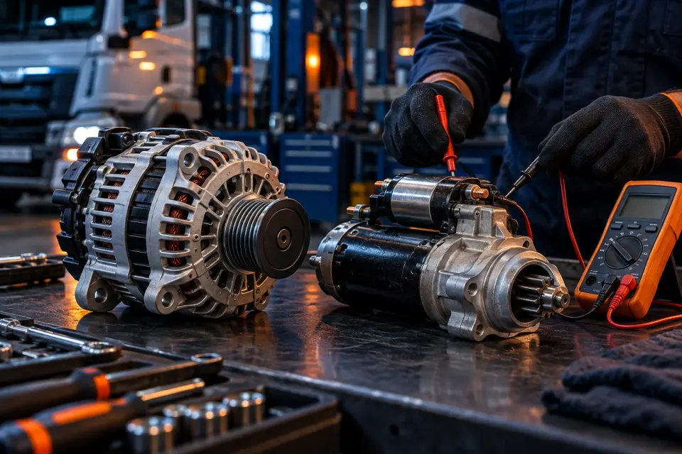 Alternador e motor de partida em diagnóstico sobre bancada técnica