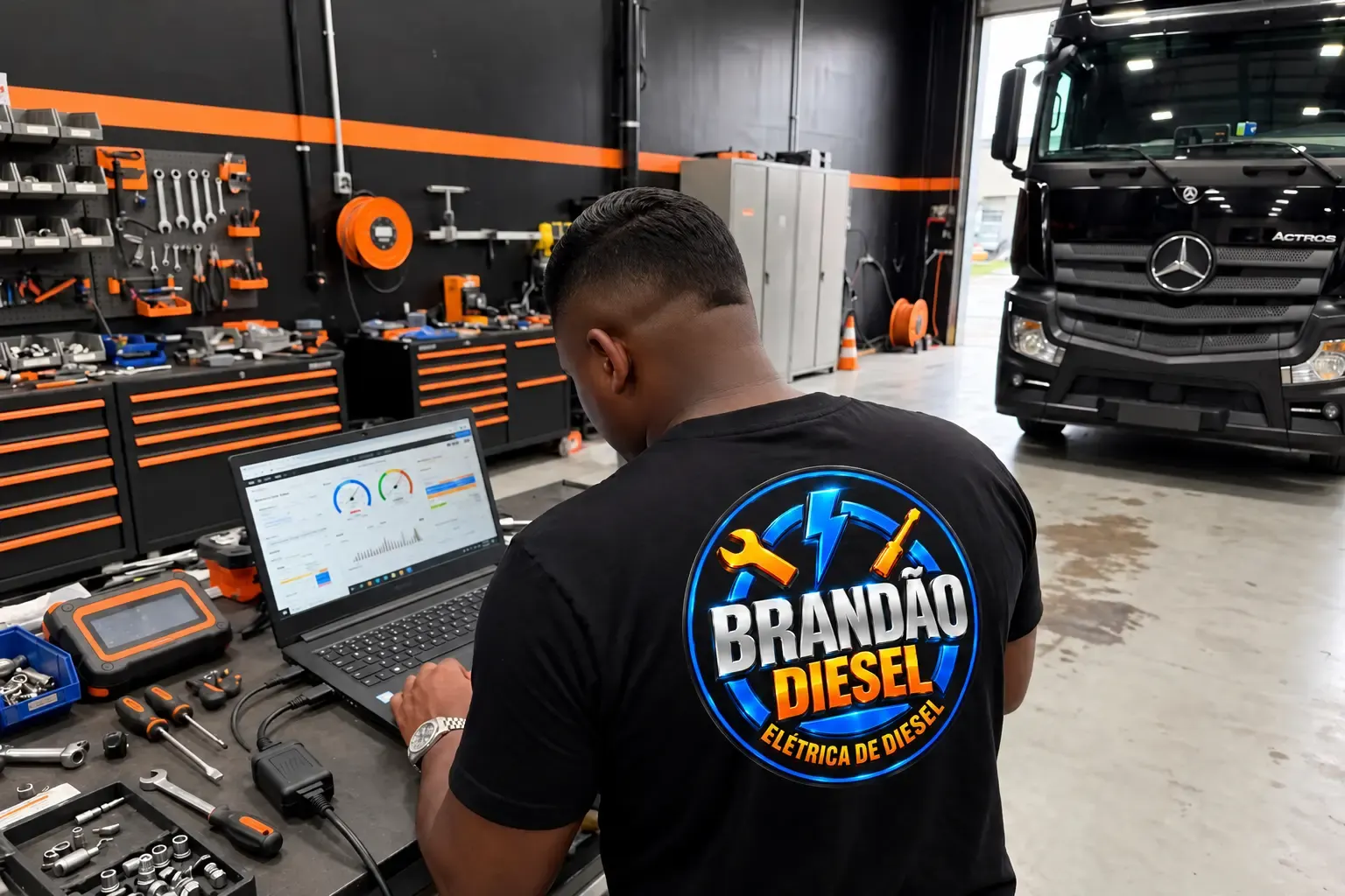 Técnico da Brandão Diesel trabalhando com diagnóstico eletrônico na oficina